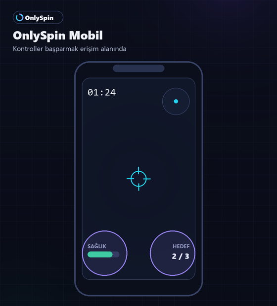 OnlySpin mobil arayüzünde kontrollerin başparmak erişim alanına yerleştirilmesini gösteren görsel