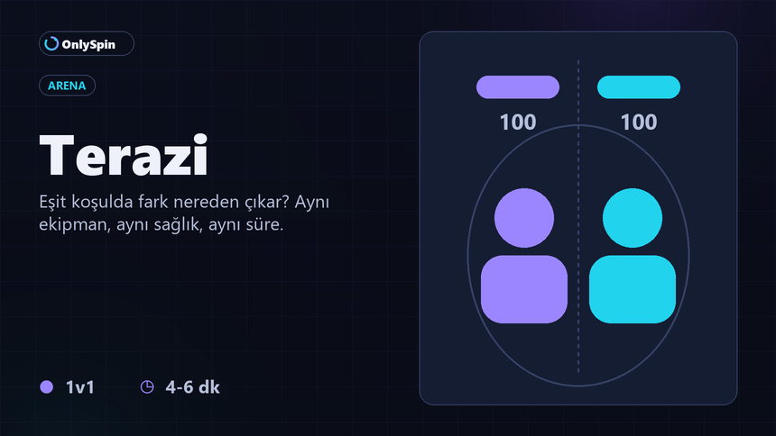 Terazi arenasında iki oyuncunun eşit koşullarda karşı karşıya geldiği geniş görsel
